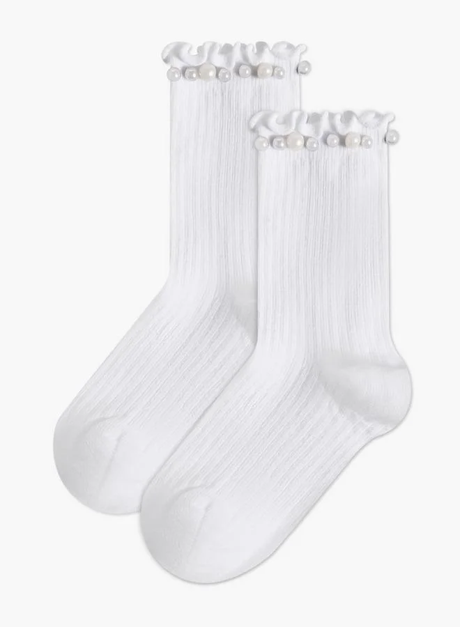 سيليست Pack Of 2 Girls Socks Crew Length Pearl Embellished Design Ramadan Collections